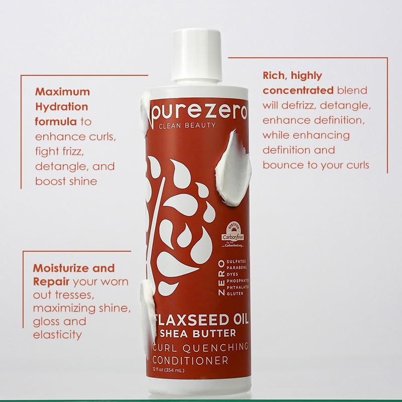 Purezero Flaxseed Oil & Shea Butter Shampoo and Conditioner Set - Curl Care - For Curly Hair Detangle & Defrizz - Zero Sulfates/Parabens/Dyes -100% Vegan & Cruelty Free - Great For Color Treated Hair